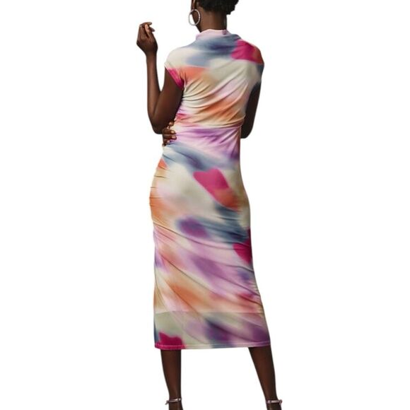 EUC Anthropologie The Maya Ruched Cowl Neck Dress Mesh Shirred Tie Dye Women M - Picture 4 of 7